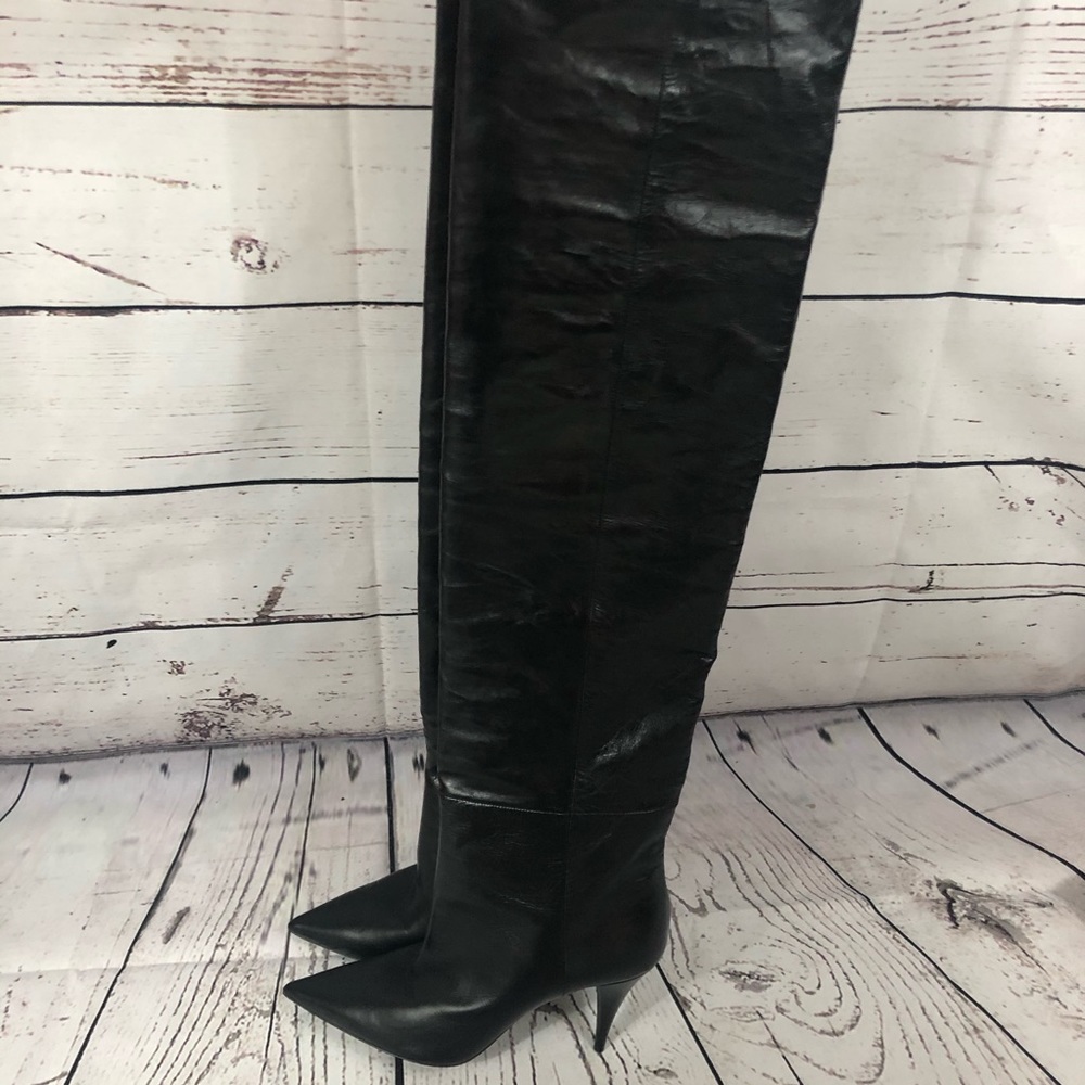 Saint Laurent Tall Slouch Leather Boots Black Knee High YSL 37 - Picture 10 of 16